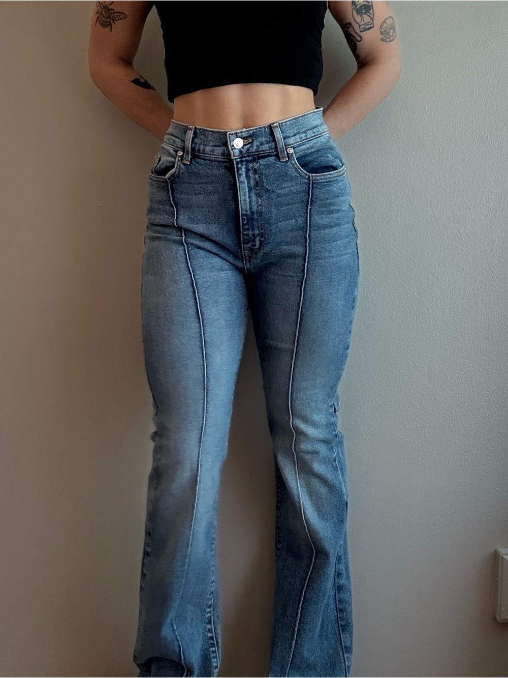 REVICE High-Rise Center-Seam Flared Jeans in Light Blue Wash